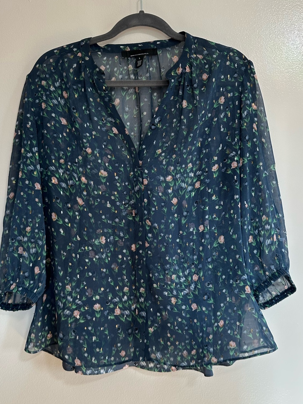 White House Black Market Teal Floral Sheer Blouse & Matching Tank, Large - Picture 9 of 10